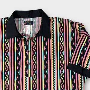 Vintage Ruddock Bros Neon Black Aztec Stripe Polo Shirt XL USA - 17 1/2” Cotton
